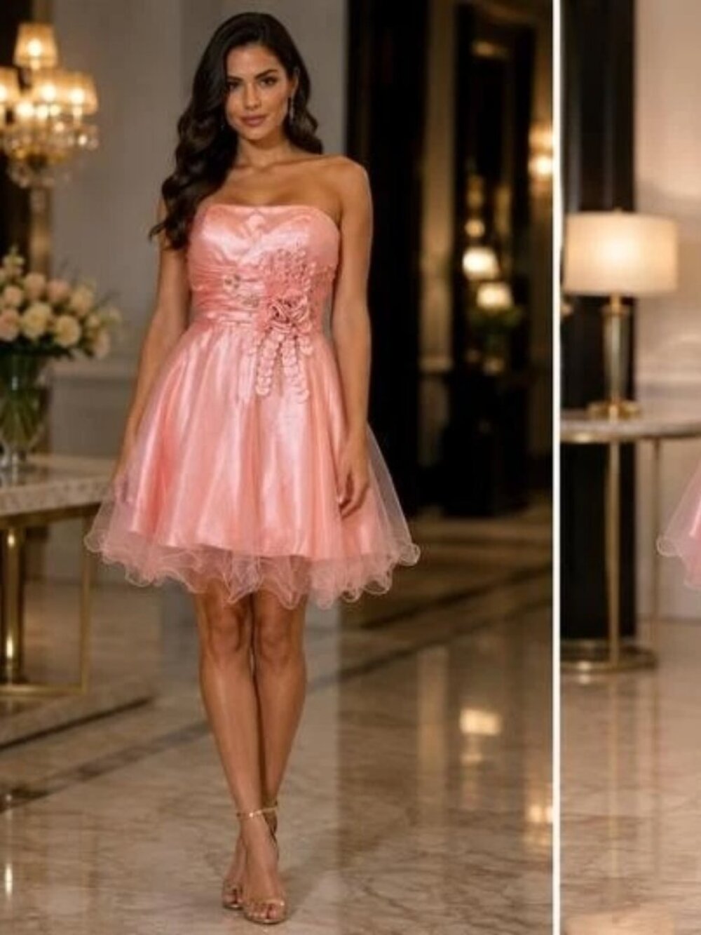 Blush Pink Strapless Short Cocktail Tulle Embellished Mini Dress